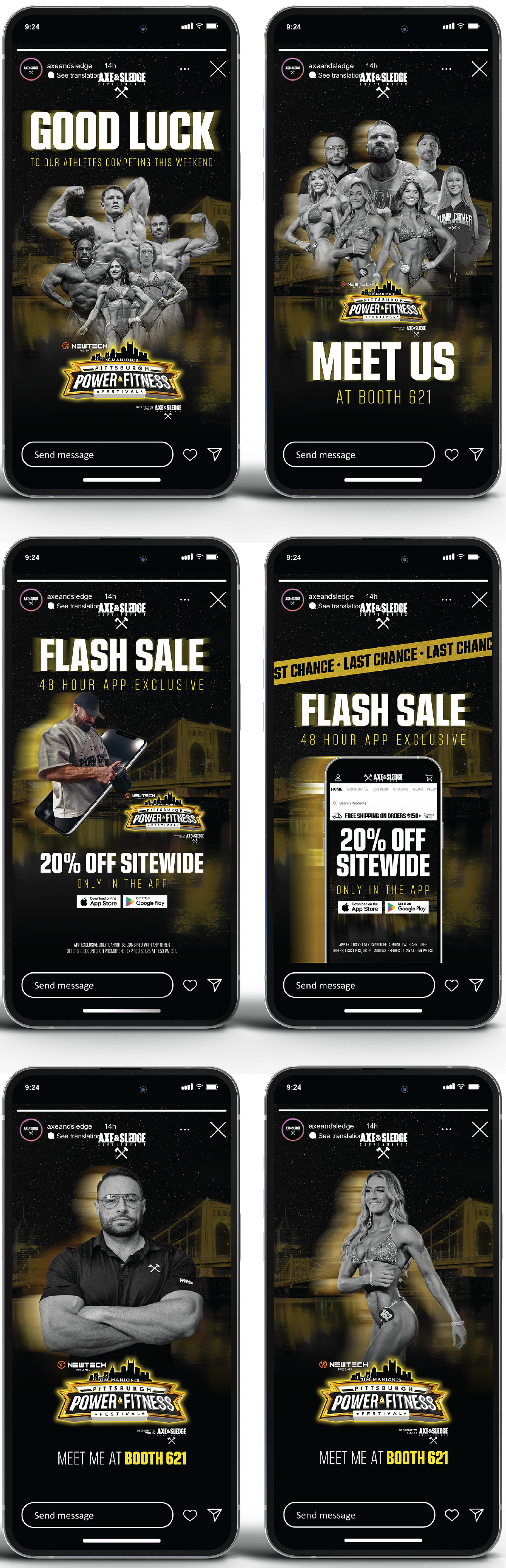 Series of six social media posts promoting the Pittsburgh Power & Fitness Festival, featuring muscular athletes and fitness models, with details about meet-and-greet at booth 621 and a flash sale offer.