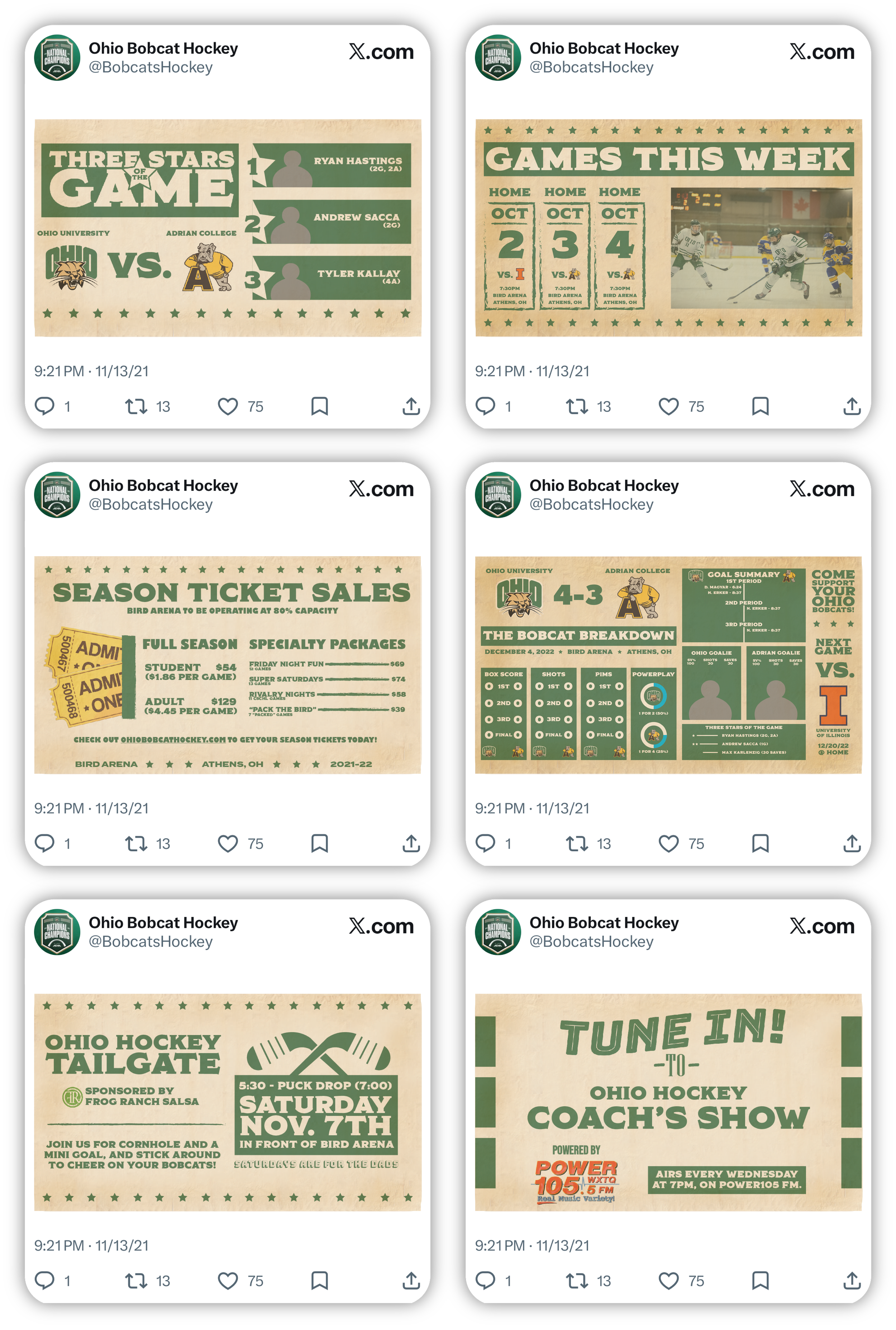 Collection of Ohio Bobcat Hockey social media posts featuring game schedules, ticket sales, tailgate event, and coach's show.
