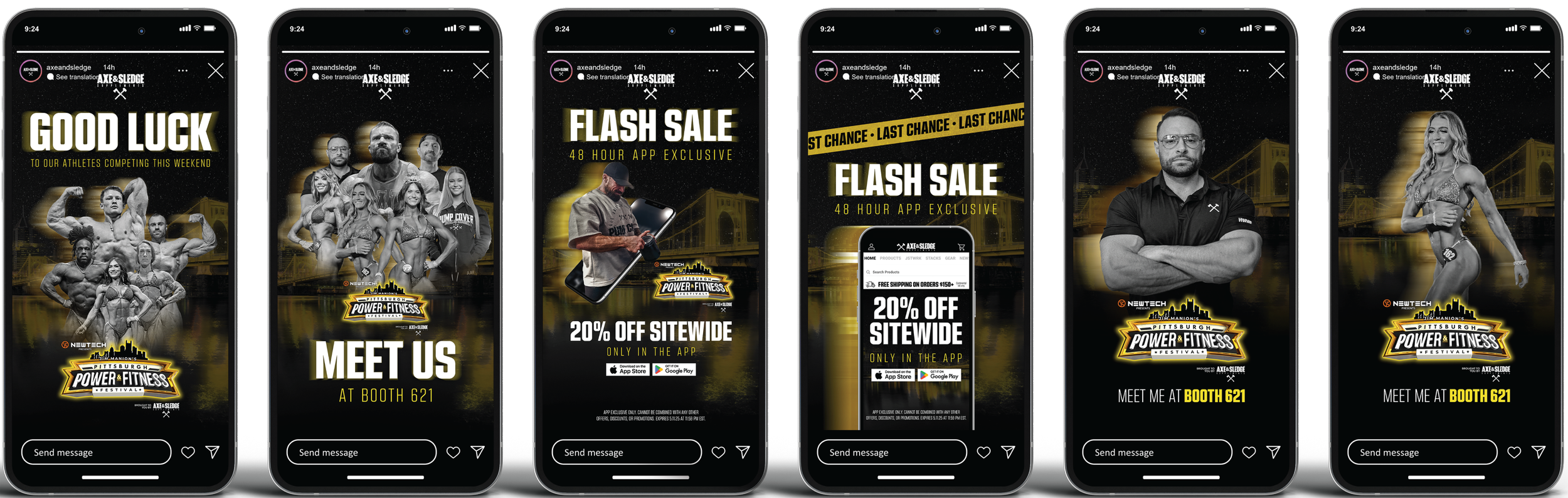 Promotional Instagram stories for the Pittsburgh Power & Fitness Festival showcasing athletes, a man with a phone, and a woman with gym equipment, advertising a flash sale, meet us at booth 621, and good luck messages.