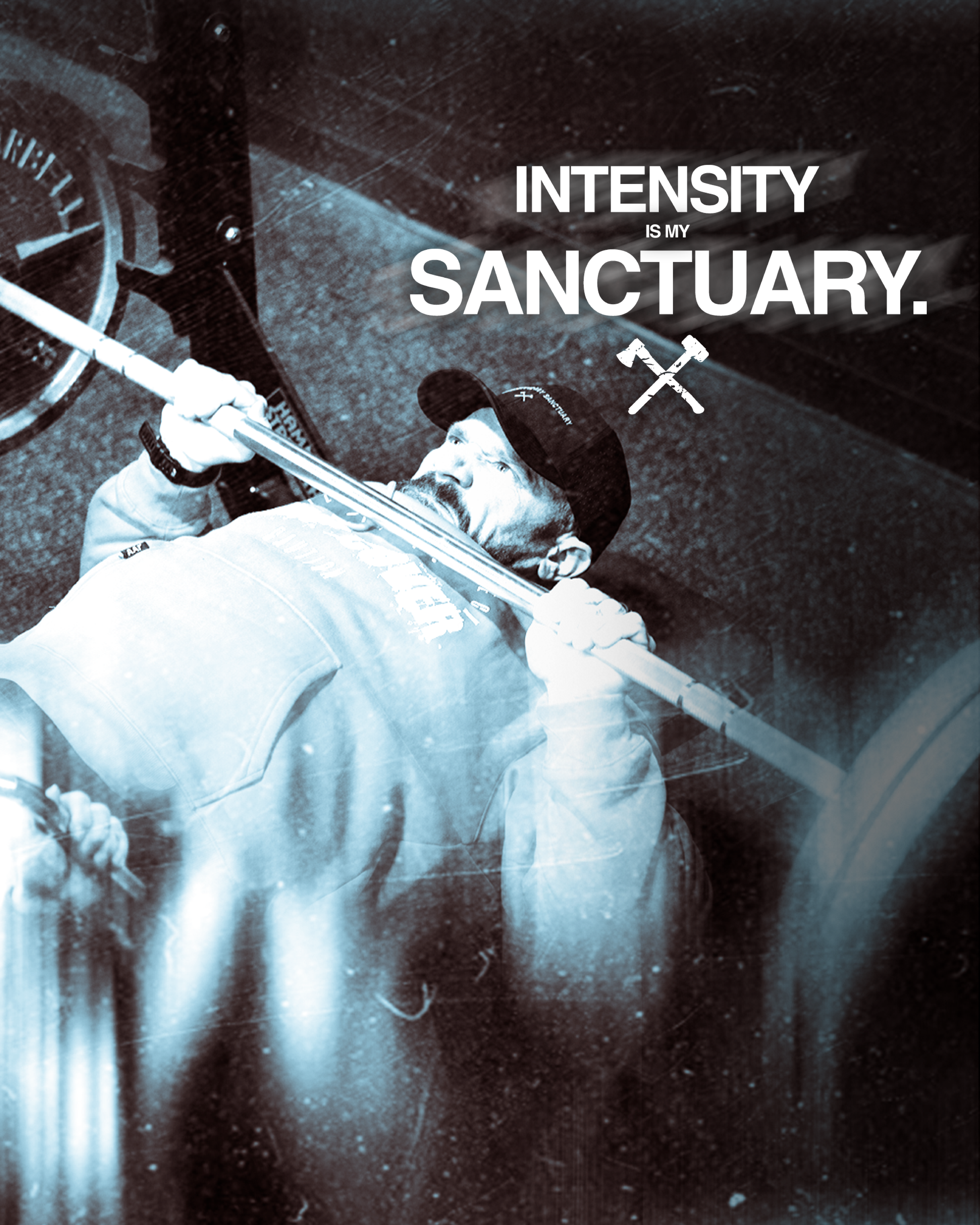 A person lying on the ground, wearing a cap and jacket, holding a pole or stick, with the phrase 'Intensity is my sanctuary' overlaid and a white cross symbol.