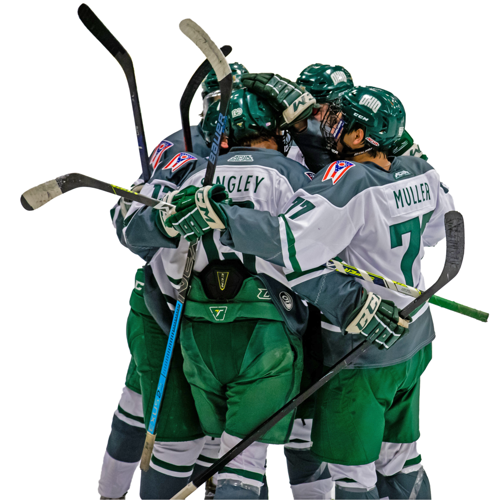 Hockey players in green and gray uniforms celebrating and hugging each other