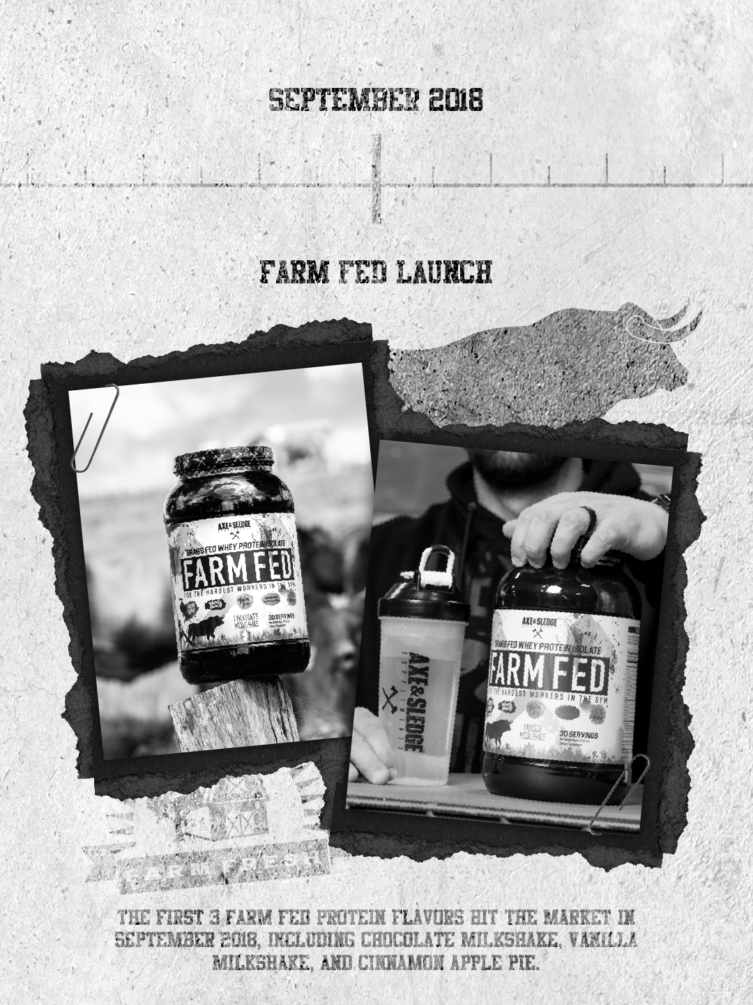 Black and white collage featuring a container of Farm Fed protein powder and an individual holding a shaker bottle with the same product label during a farm setting, with text indicating the Farm Fed launch in September 2018.