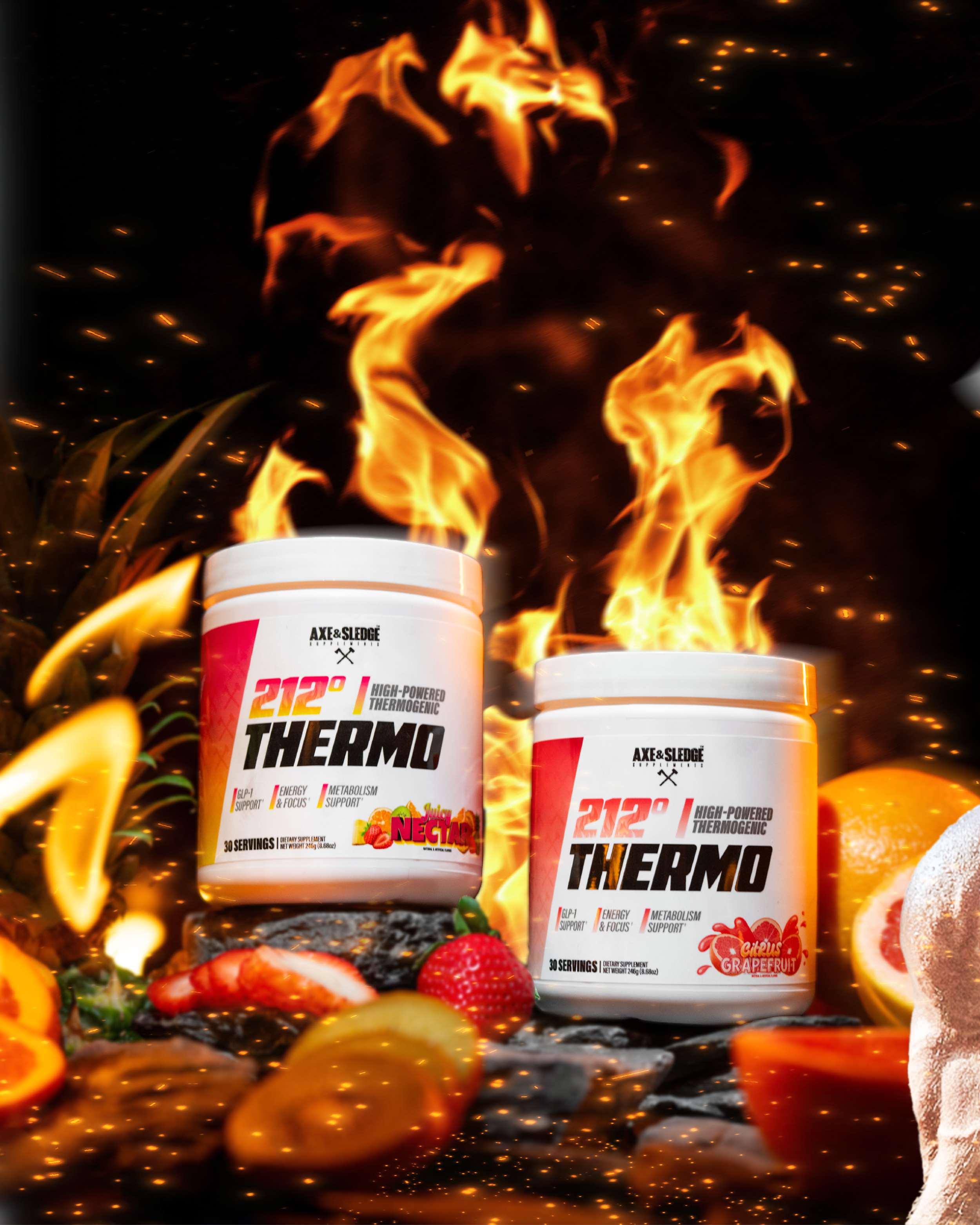 Image of two containers of AXE & SLEDGE Thermo high-powered thermogenic supplements surrounded by flames, with fruits and vegetables at the bottom, and a dark background with sparks flying.