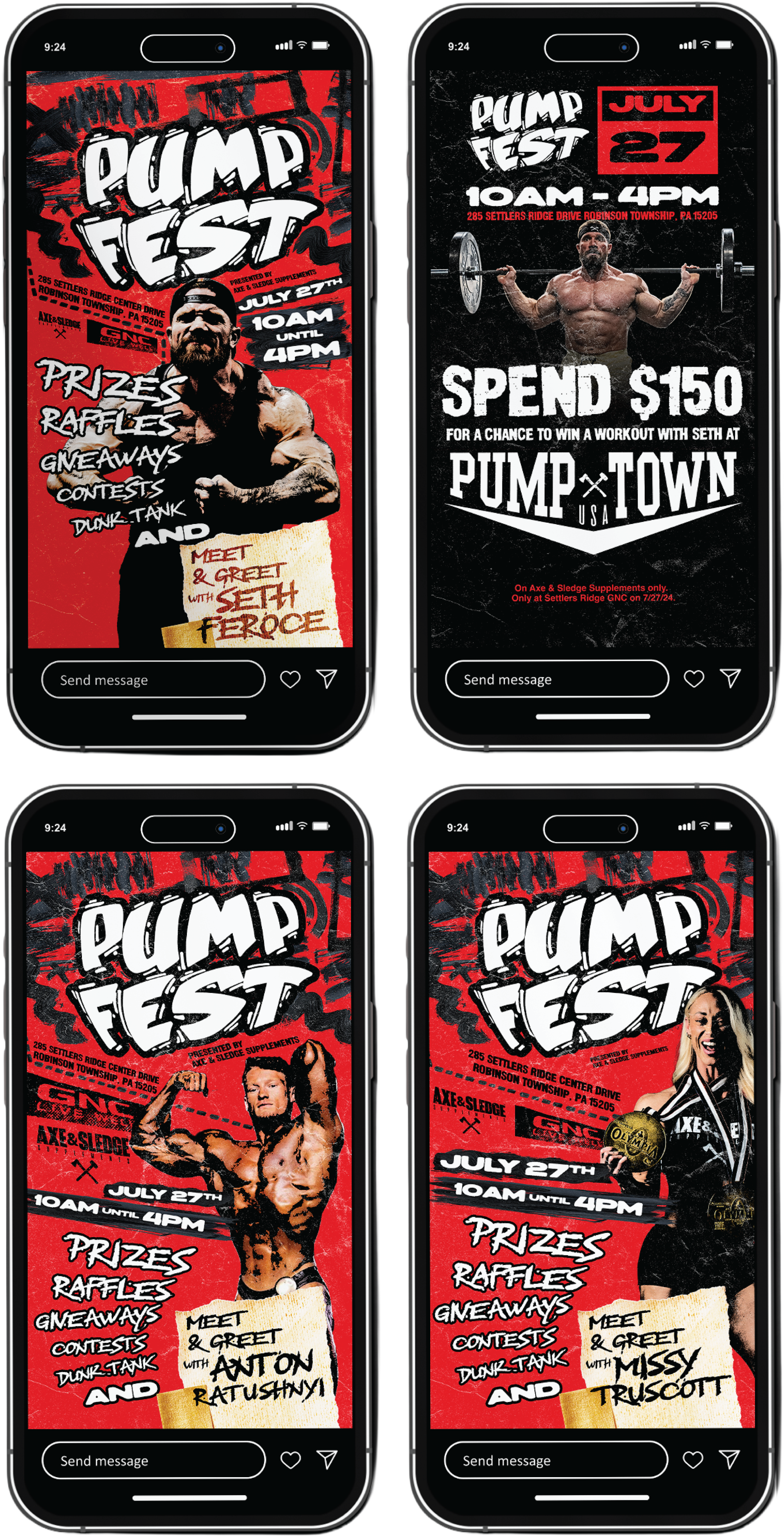 Four smartphones displaying promotional posters for PUMP FEST event on July 27, with details about activities, prizes, and guest appearances, set against a red and black background with energetic graphics and photos of guests.