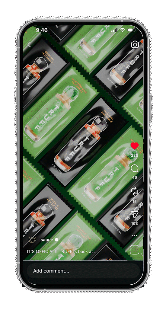 Multiple bottles of Sauce brand hot sauce in black and green packaging stacked on phone screen, with a red heart icon showing 33% likes.