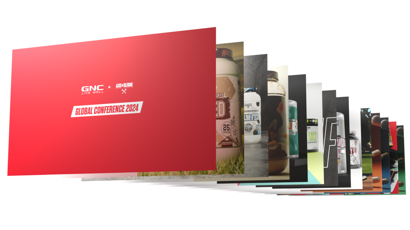 Futuristic digital presentation of various supplement bottles and products for a 2024 GNC global conference.