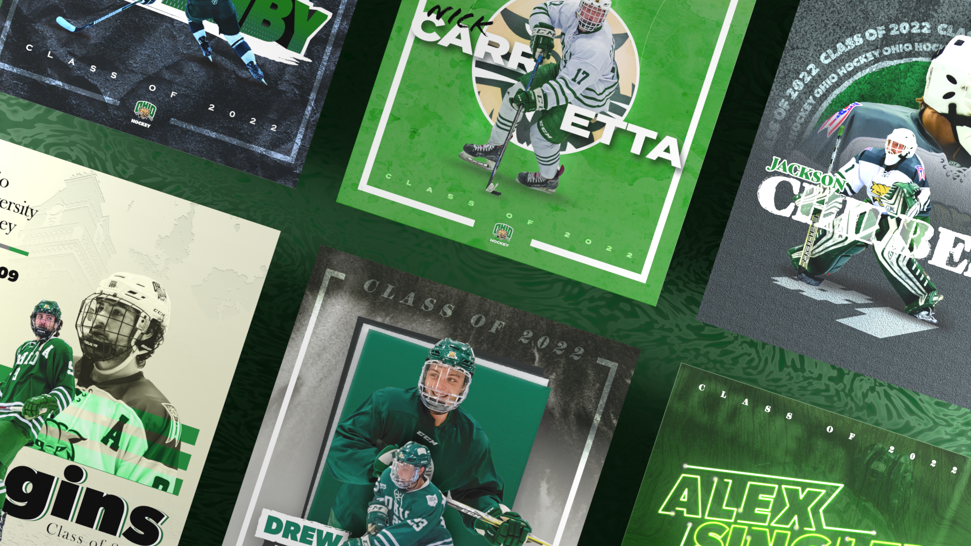 Collection of sports portraits and posters for high school hockey, including images of players in team uniforms and promotional graphics with green and gray color themes.