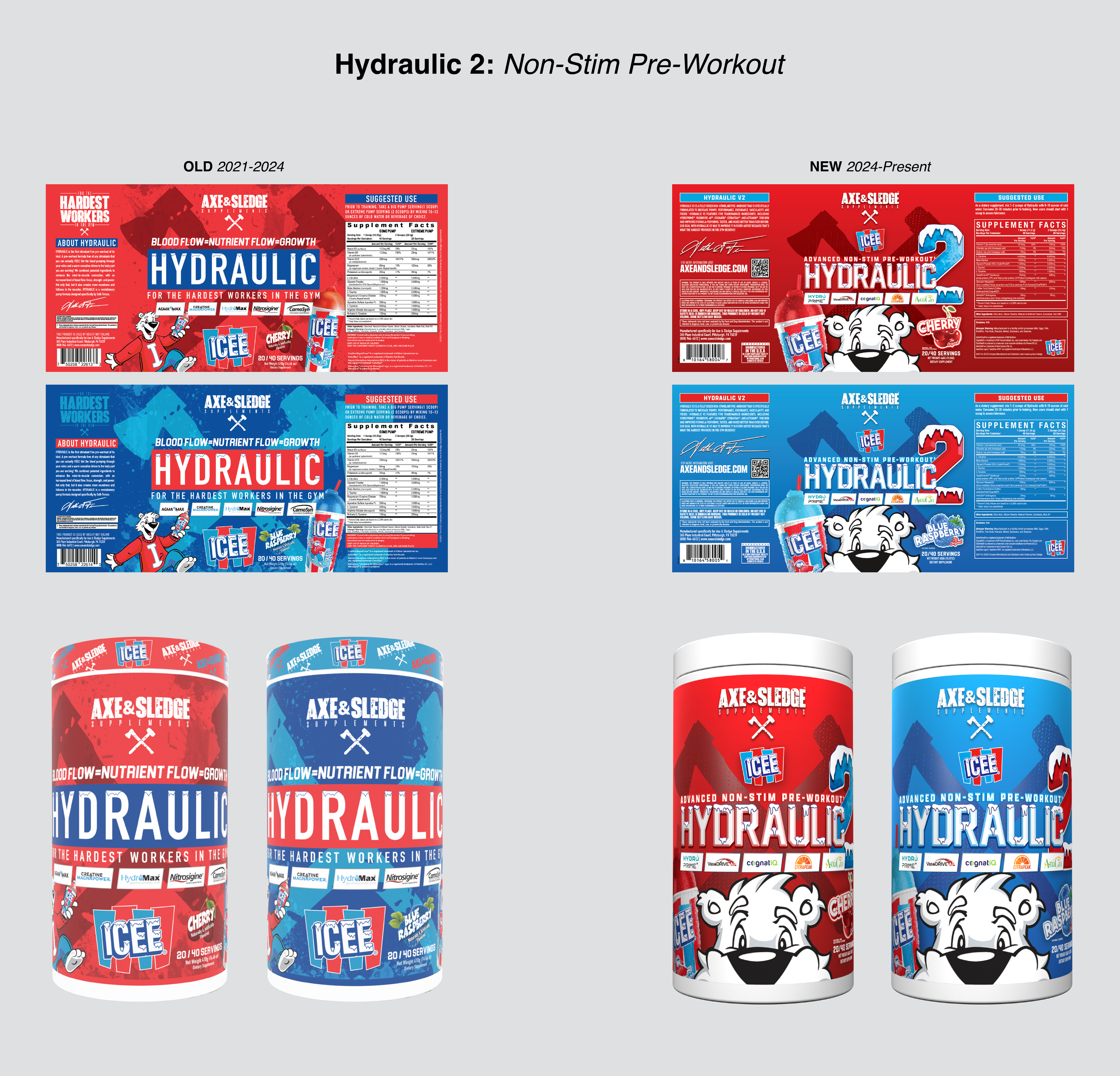 Comparison of old and new packaging designs for AXE & Sledge Hydraulic non-stim pre-workout supplements, including boxes and cans in red, blue, and white, featuring a cartoon bear mascot and product branding.