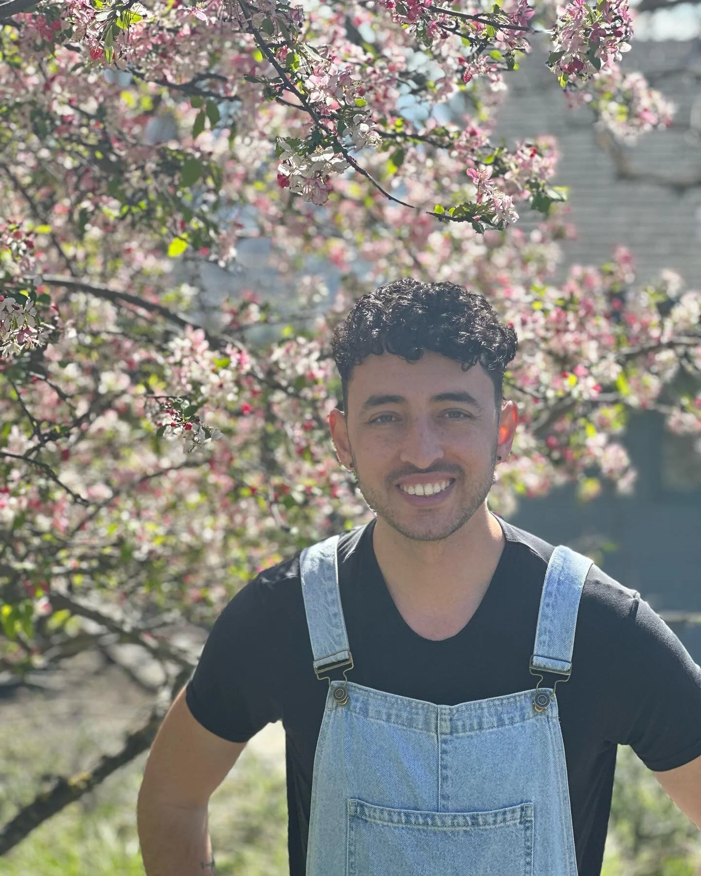 Overalls, dogs and blossoms!