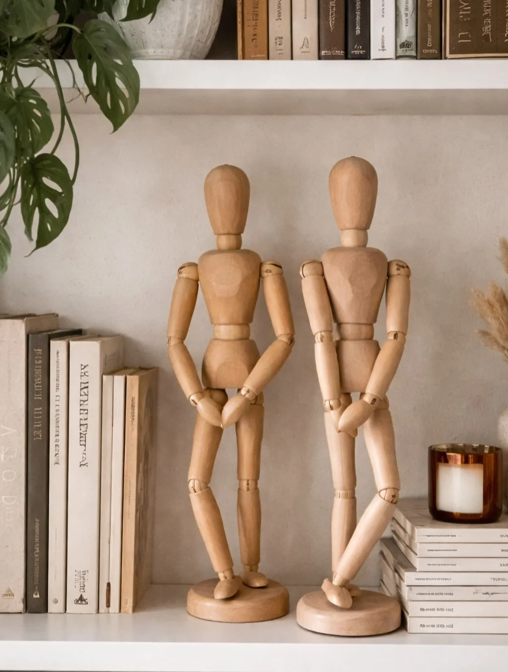 A storied moment for the bookshelf&hellip; These vintage wooden artist mannequins bring a subtle, sculptural presence&mdash;tucked among well-loved books, trailing greens, and collected objects. Once studio tools, now thoughtful decor, they add warmt