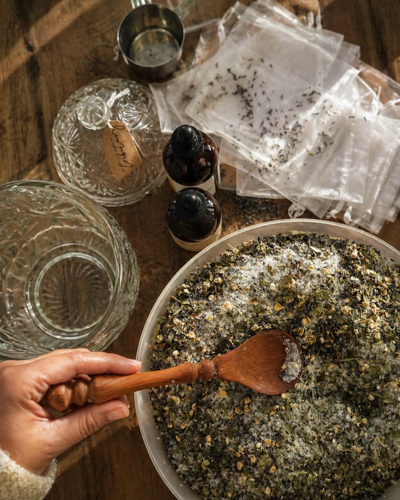 A slow morning spent blending small comforts by hand.
Herbal bath salts, mixed in vintage bowls and poured into collected vessels &mdash; each one a little different, each one meant to feel special.

We&rsquo;ll have these available at this weekend&r