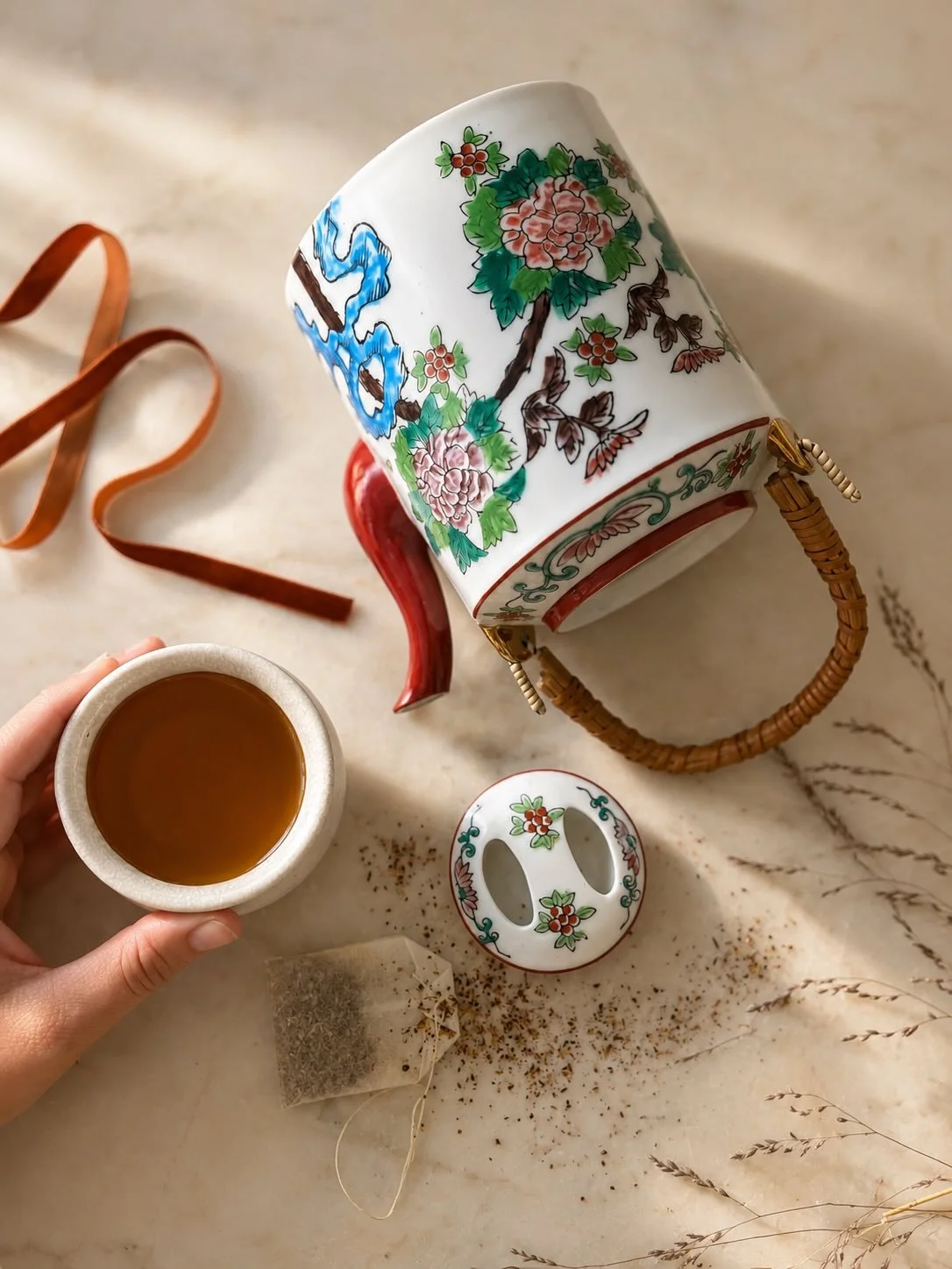 A quiet little tea moment 

This vintage chinoiserie teapot feels like something pulled from the pages of an old English interiors book &mdash; hand-painted florals, a sculptural crimson spout, and the sweetest woven rattan handle. One of those piece