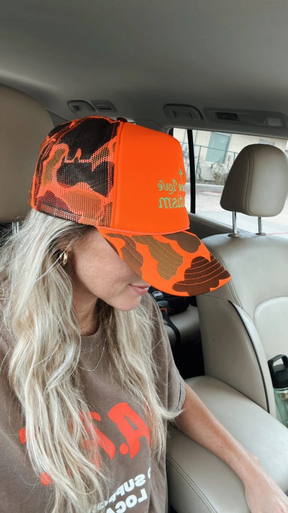 Neon Orange Camo Trucker Hat — PEACE LOVE AUTISM display picture 3