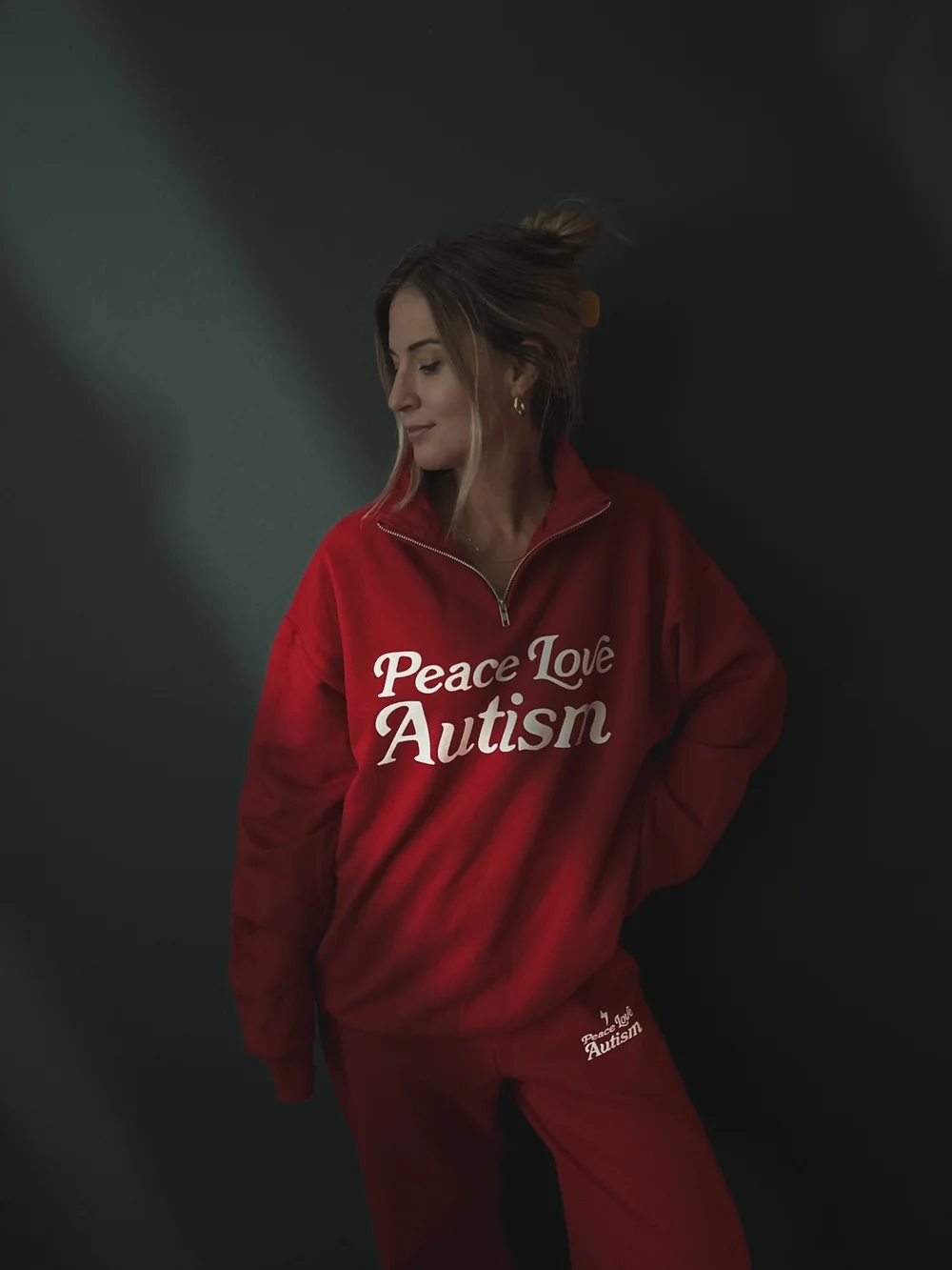 Quarter Zip Red Logo Sweatshirt — PEACE LOVE AUTISM