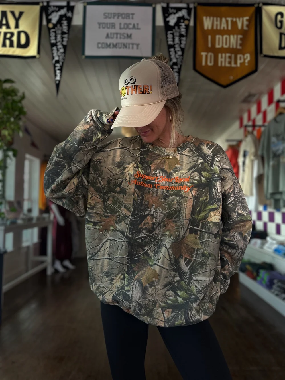 トップス flexwitme YOKO CAMO LOGO SWEATSHIRT Vintage Camo + Orange Boxy Sweatshirt — PEACE LOVE AUTISM