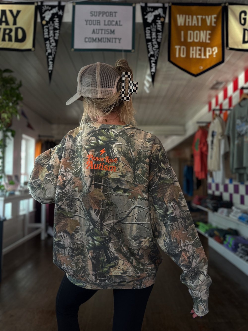 Vintage Camo + Orange Boxy Sweatshirt — PEACE LOVE AUTISM