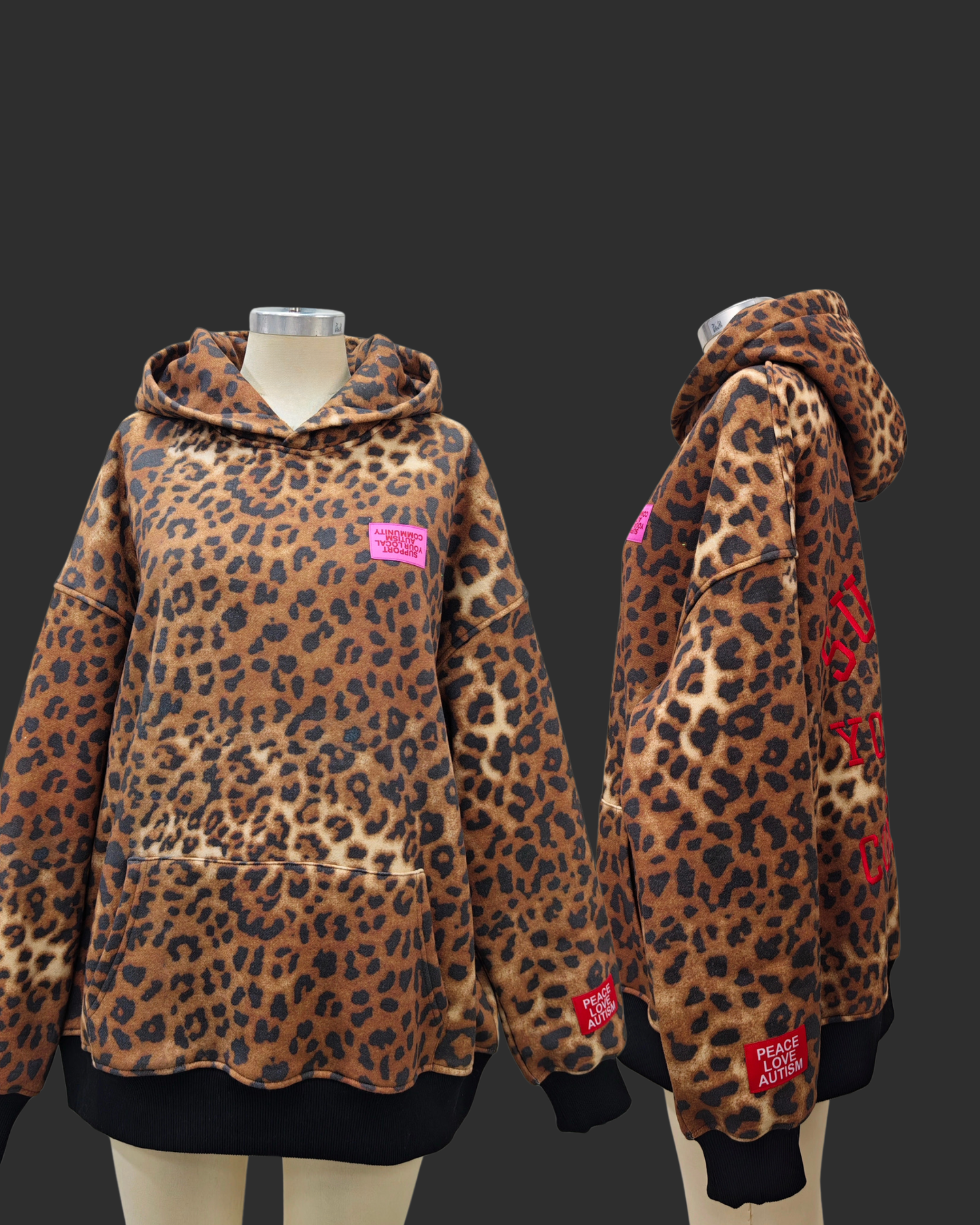 Embroidered Leopard Patch Hoodie — PEACE LOVE AUTISM