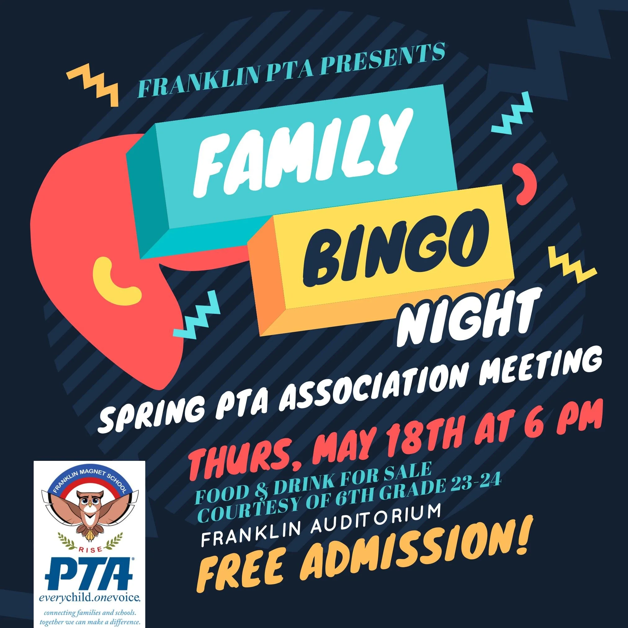 COME JOIN US FOR A NIGHT OF FAMILY &amp; FUN!

PTA has the last association meeting of the year with Family Bingo Night on Thursday, May 18th. PTA business starts at 6 PM and bingo starts at 6:30 PM. The event is free - all are welcome!

Take a minut