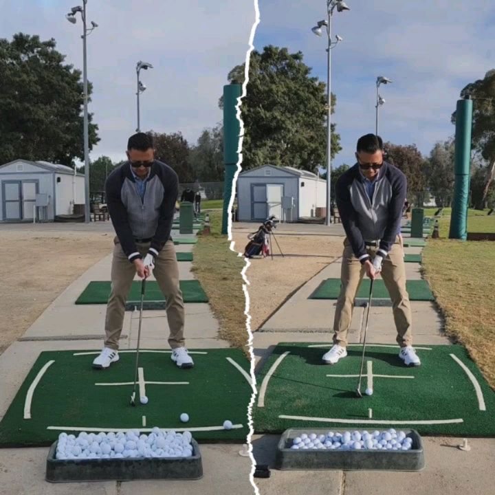 Like most beginners, @eric.atilano finds himself swinging with &quot;all arms and no legs,&quot; which is extremely common among amateur golfers.
.
Before (left): we noted how the knees and feet stay fixed during the entire swing. Our focus for the d