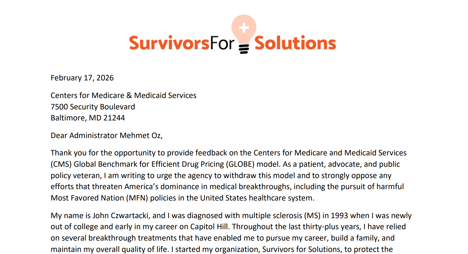 SFS Submits Comments to CMS Urging Agency to Withdraw GLOBE &amp; GUARD Models