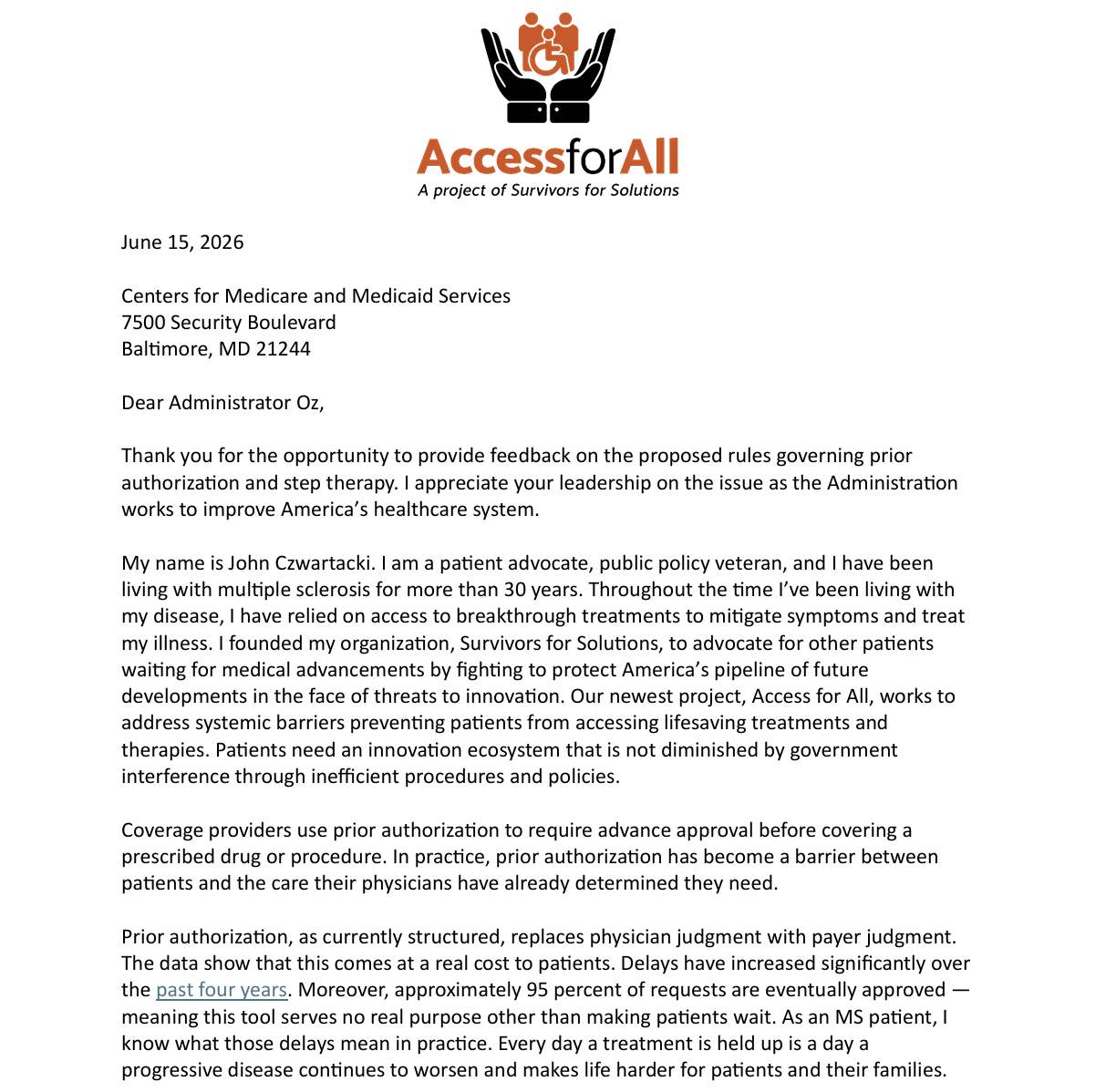 SFS Project Access for All Submits Comments to CMS on Prior Authorization and Step Therapy Policies