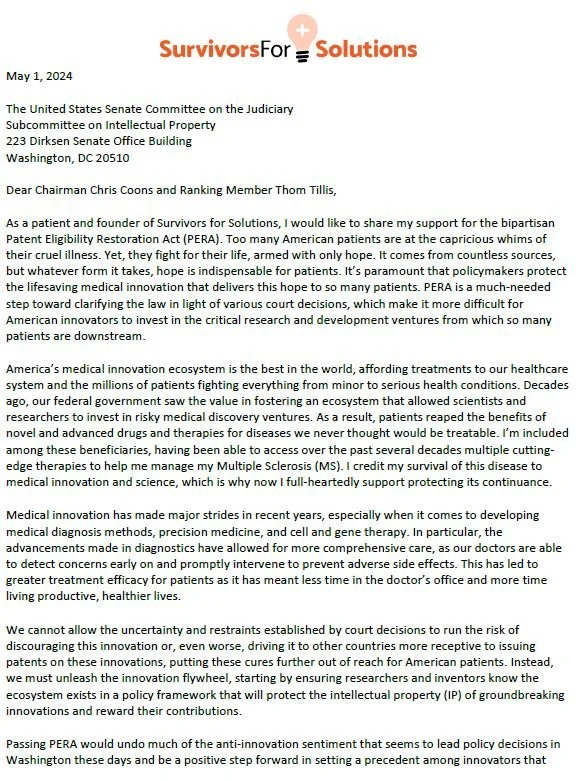 Patent Eligibility Restoration Act (PERA) Support Letter — Survivors