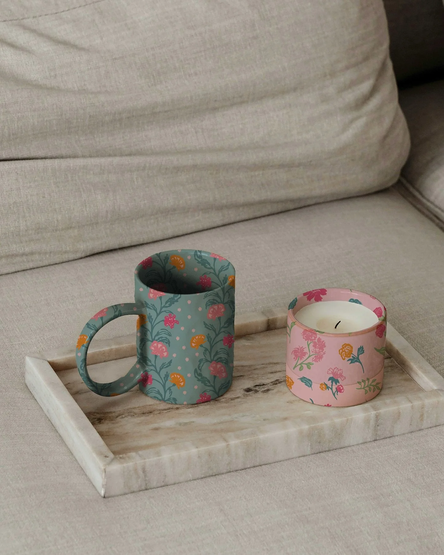 this is the second colorway, Blush Garden. motifs hand painted and recolored in illustrator. photos from unsplash &copy; 2025 Bea Campbell