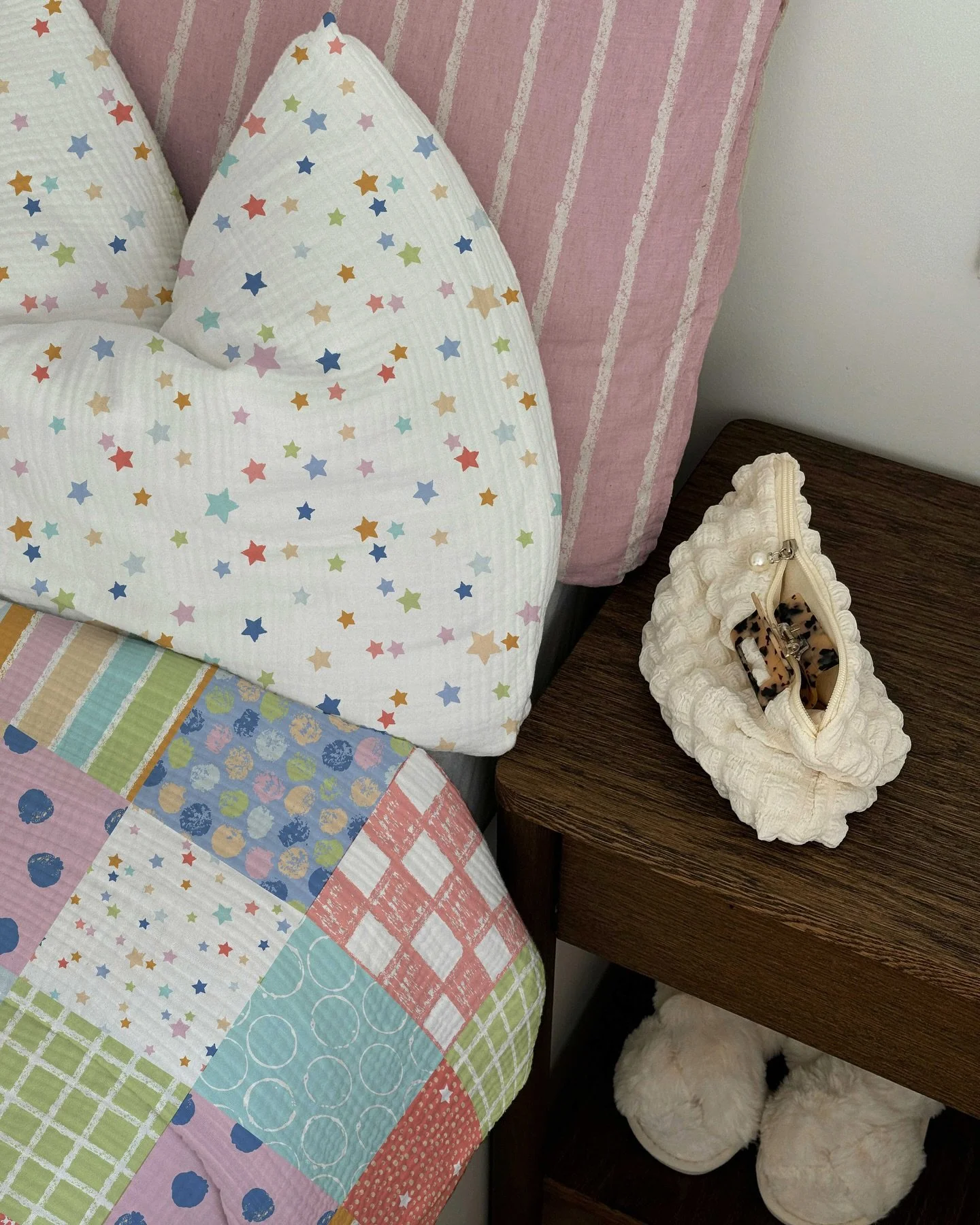 Patchwork Picnic is inspired by vintage quilts and is meant to effortlessly layer playful patterns to create a cozy sleep space. the motifs in this collection were made from mark-making with paint and household objects. photos from Pexels &copy; 2025