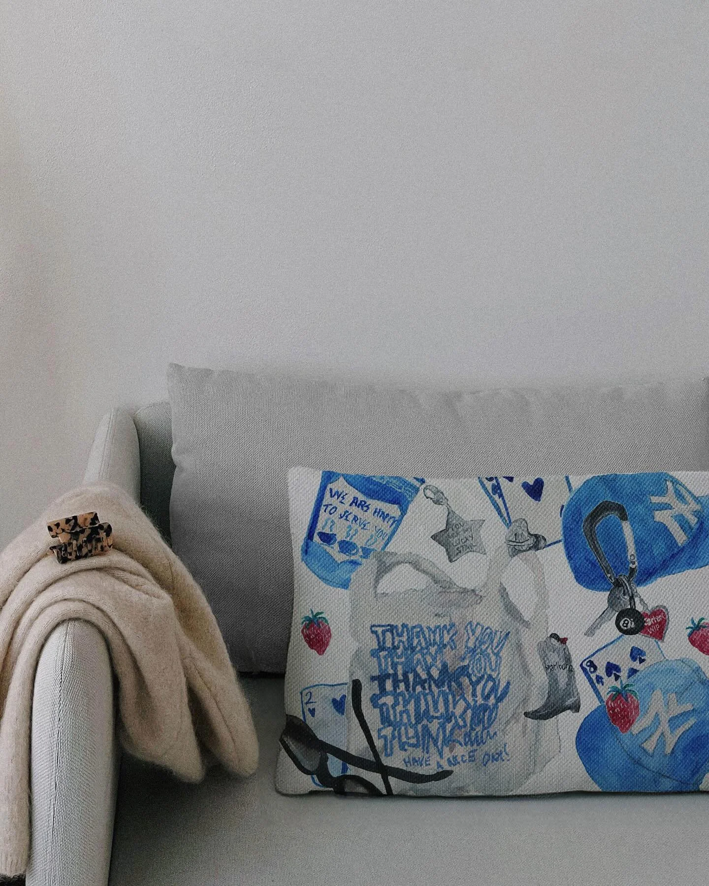 a throw pillow with a fun color combo :) watercolor and gouache on bristol board. photo from unsplash. &copy; 2024 Bea Campbell