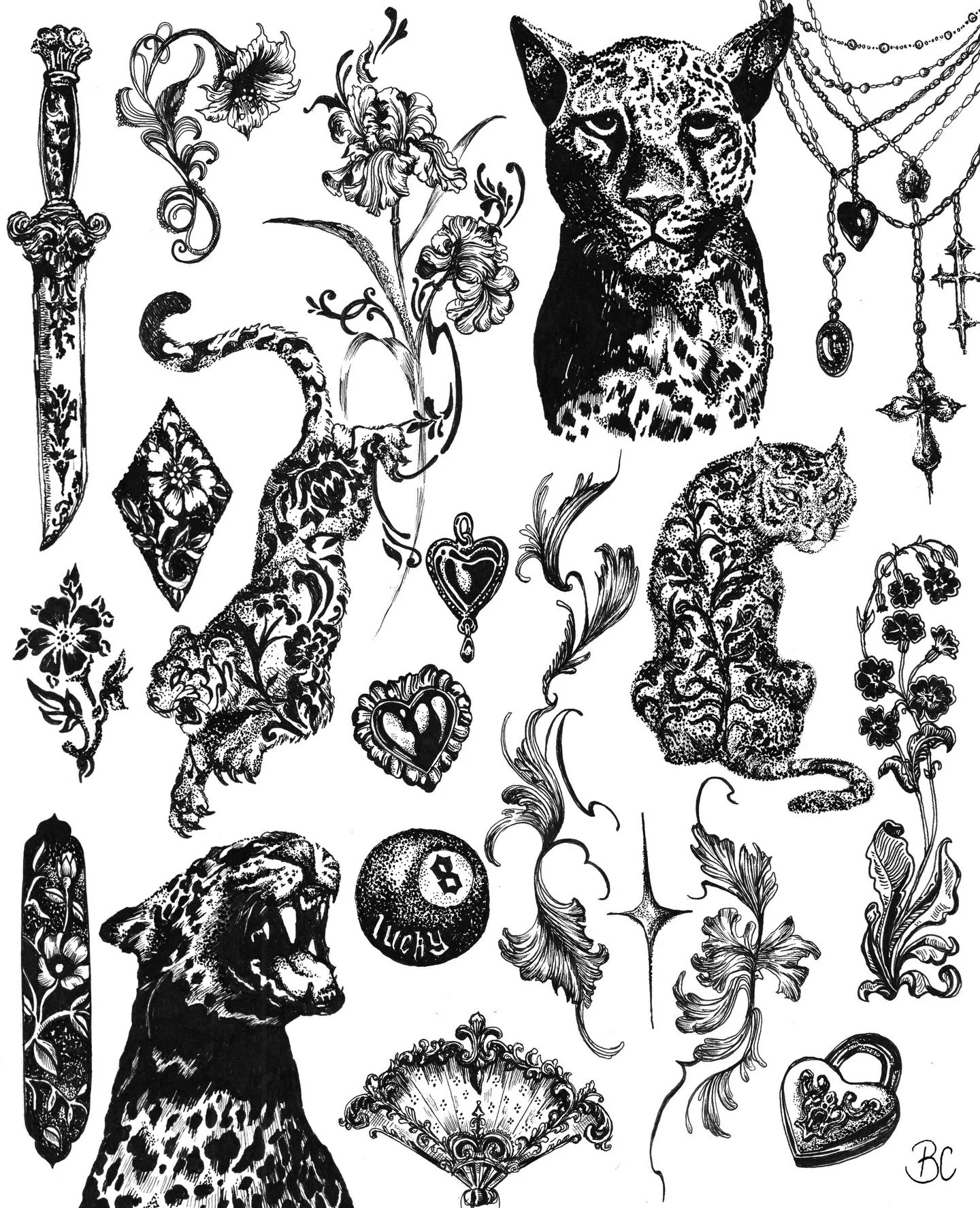 April flash sheet. micron pens on mixed media paper &copy; 2026 Bea Campbell