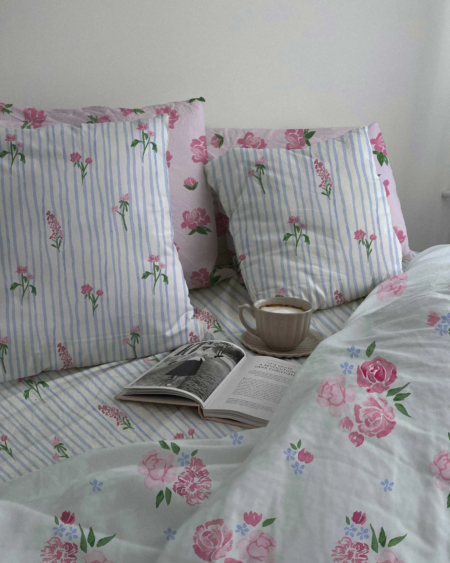 Cottage Charm is a collection that blends vintage-inspired florals and delicate stripes for a cozy bedroom with a timeless appeal. this is the first colorway, blush meadow. photos from pexels &copy; 2025 Bea Campbell