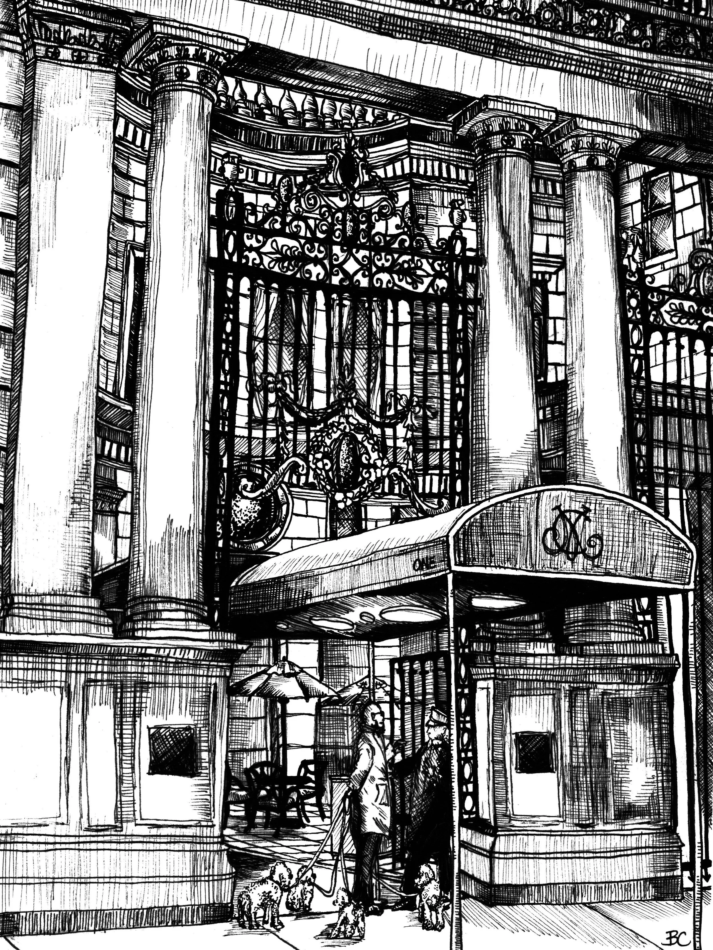The Metropolitan Club. Micron pen on 5.5x8.5 mixed media paper. &copy; 2026 Bea Campbell