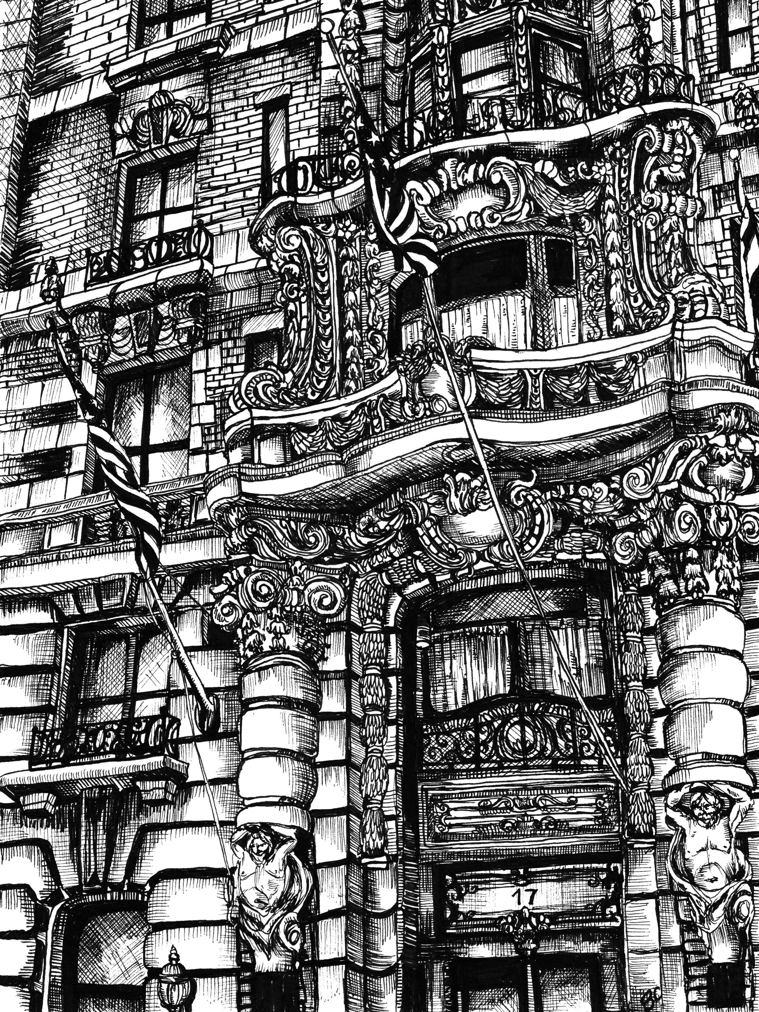 The Hotel at Fifth Avenue. Micron pen on 5.5x8.5 mixed media paper. &copy; 2026 Bea Campbell