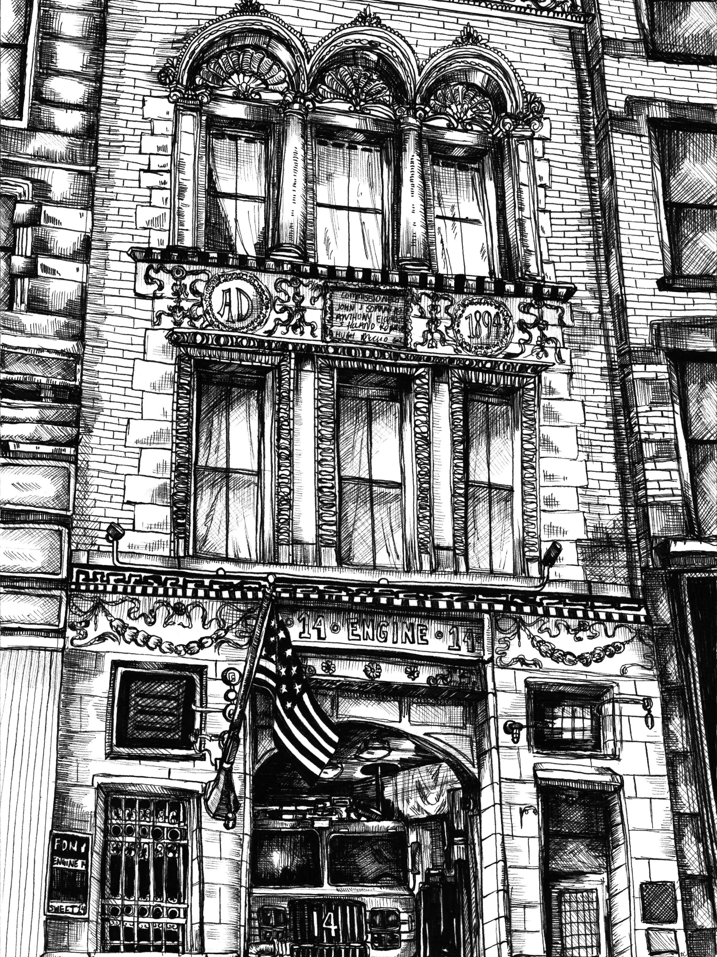 Engine Company 14 Manhattan. Micron pen on 7&rdquo;x 10&rdquo; hot press watercolor paper. &copy; 2026 Bea Campbell