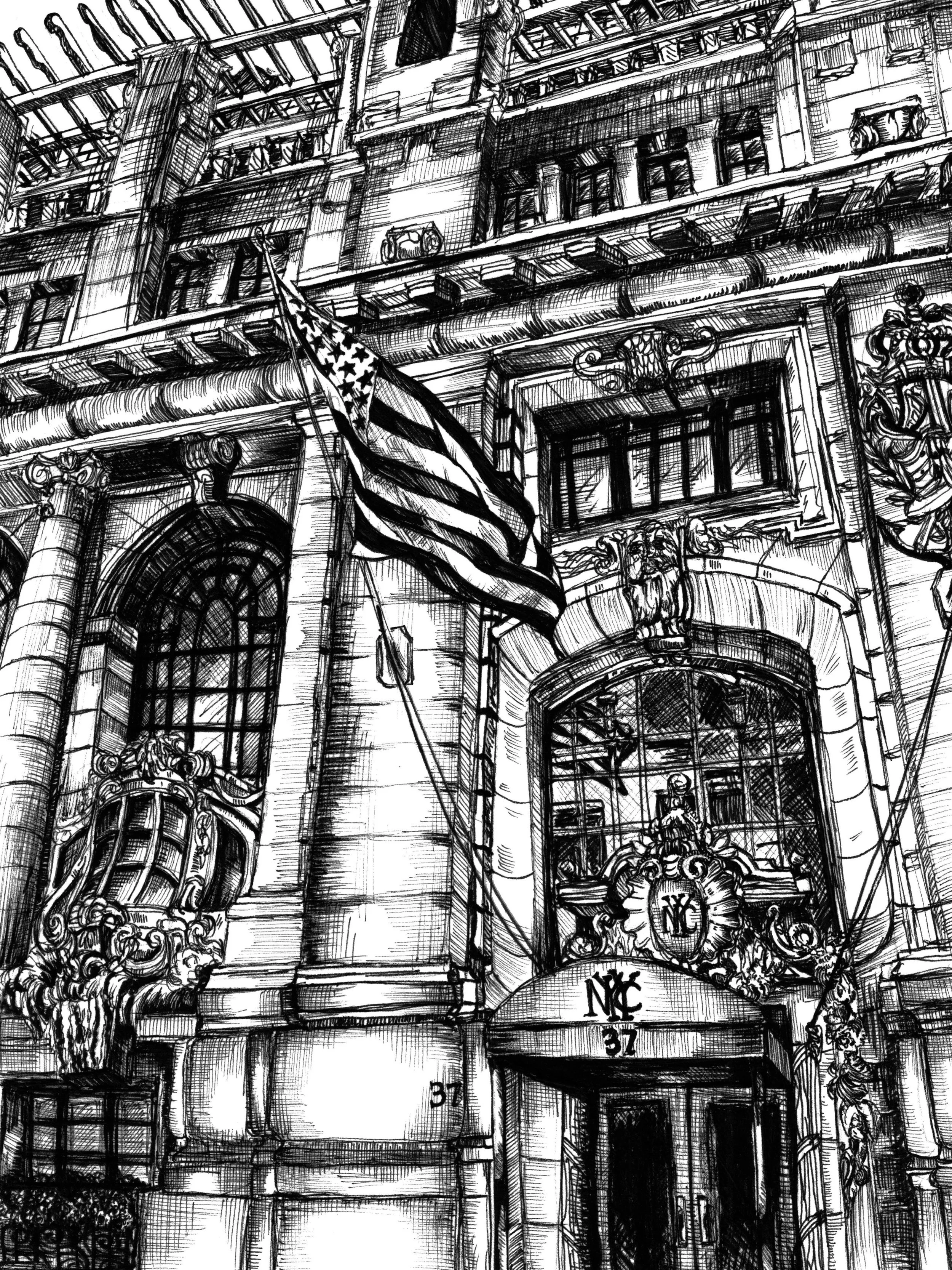 New York Yacht Club. Micron pen on 7&rdquo;x 10&rdquo; hot press watercolor paper. &copy; 2026 Bea Campbell