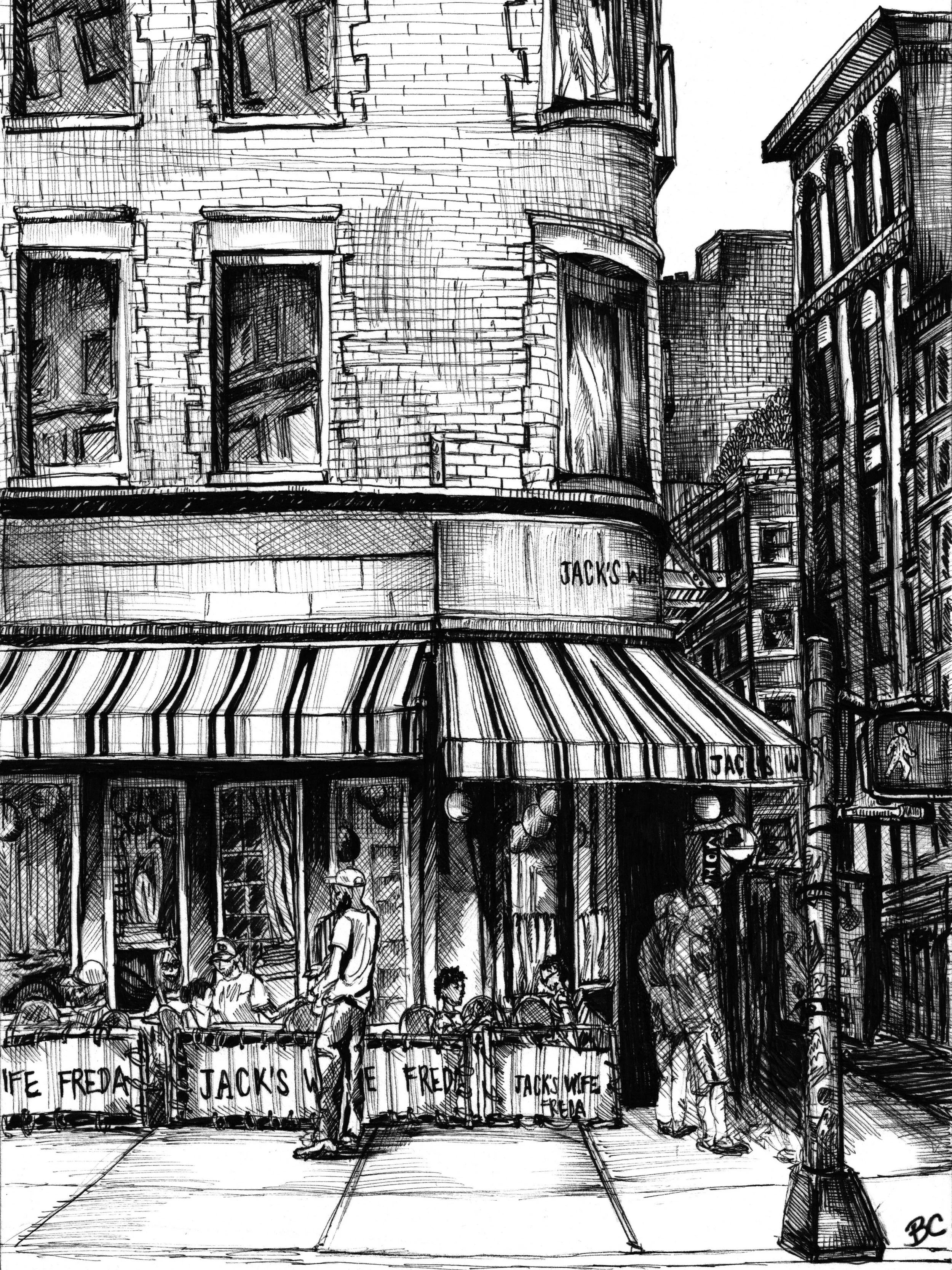 Jack&rsquo;s Wife Freda, Soho. Micron pen on 7&rdquo;x 10&rdquo; hot press watercolor paper. &copy; 2026 Bea Campbell