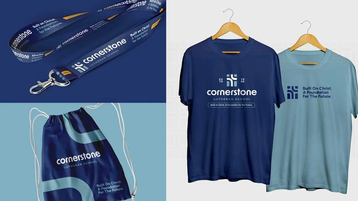 Cornerstone Lutheran School logo images on shirts and a bag