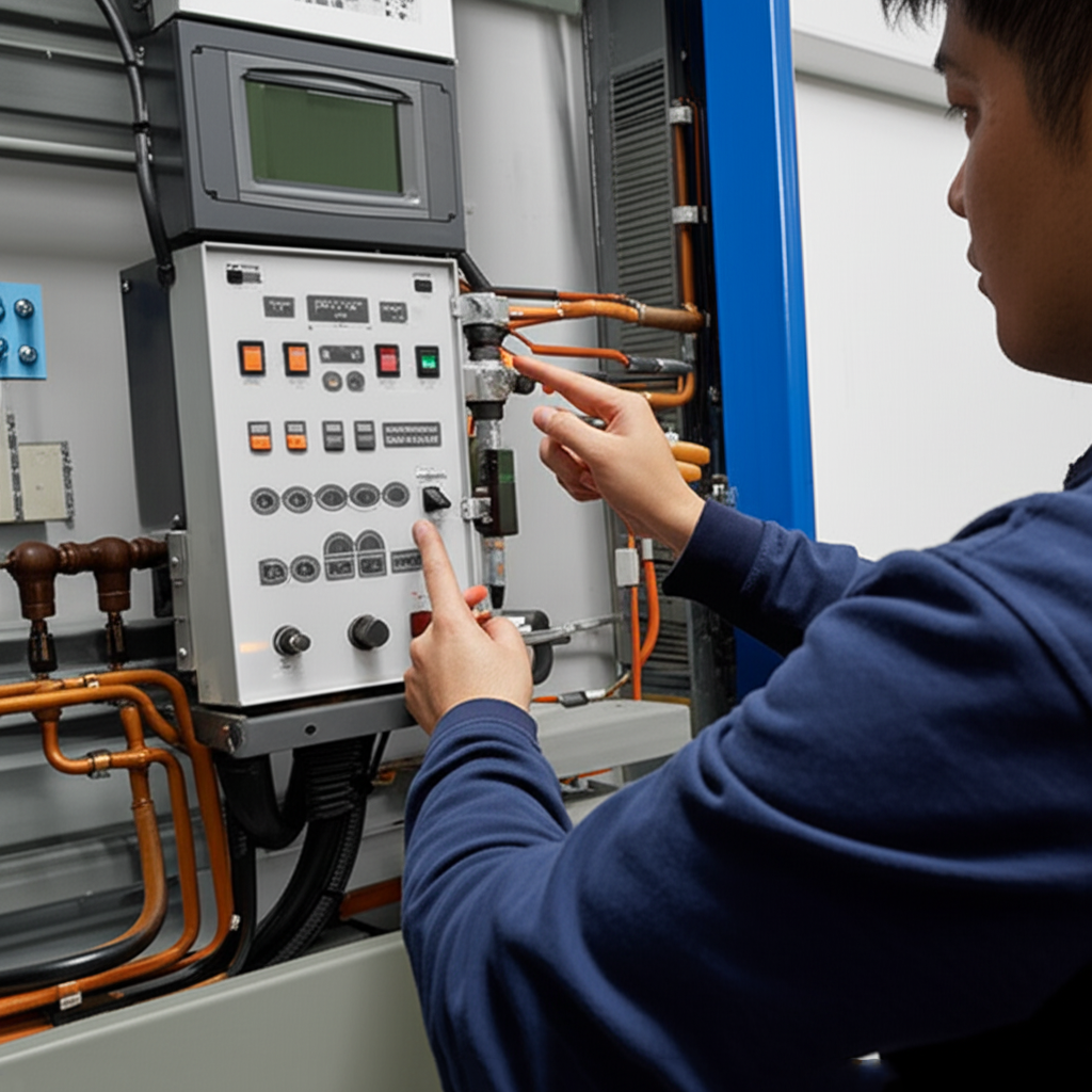 A technician adjusting controls on an industrial electrical panel with various switches, buttons, and wires.