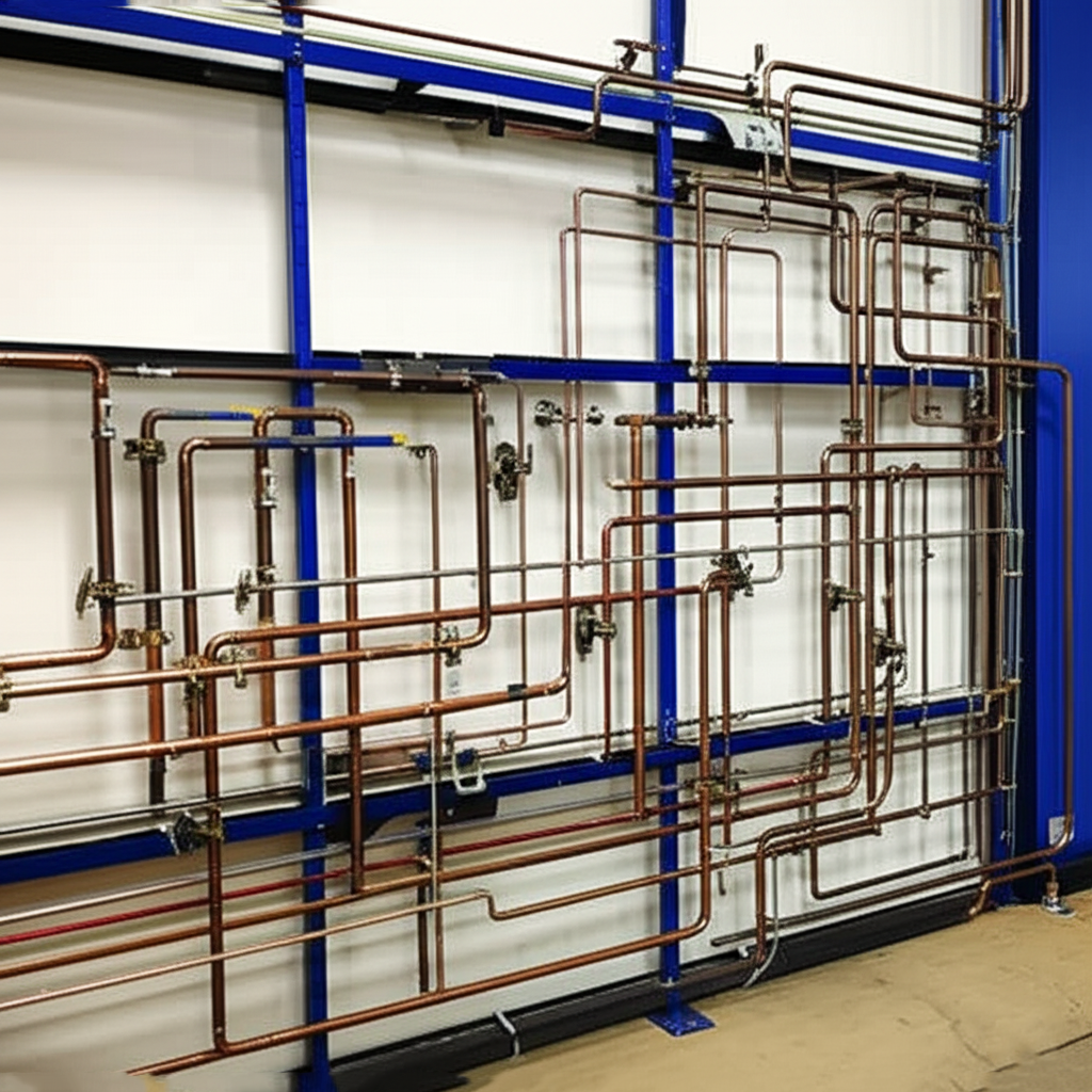 A wall with blue metal framing and an intricate network of copper pipes, some with valves, arranged in a systematic pattern.