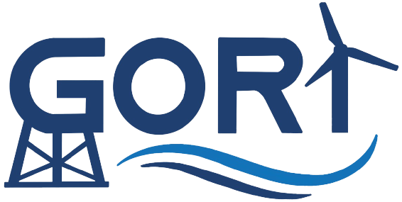 The word "GORI" with a wind turbine on the letter "I" and an oil drilling rig on the letter "G", representing renewable and non-renewable energy sources.