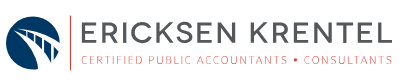 Ericksen Krentel logo with red and black text and a blue and black graphic element