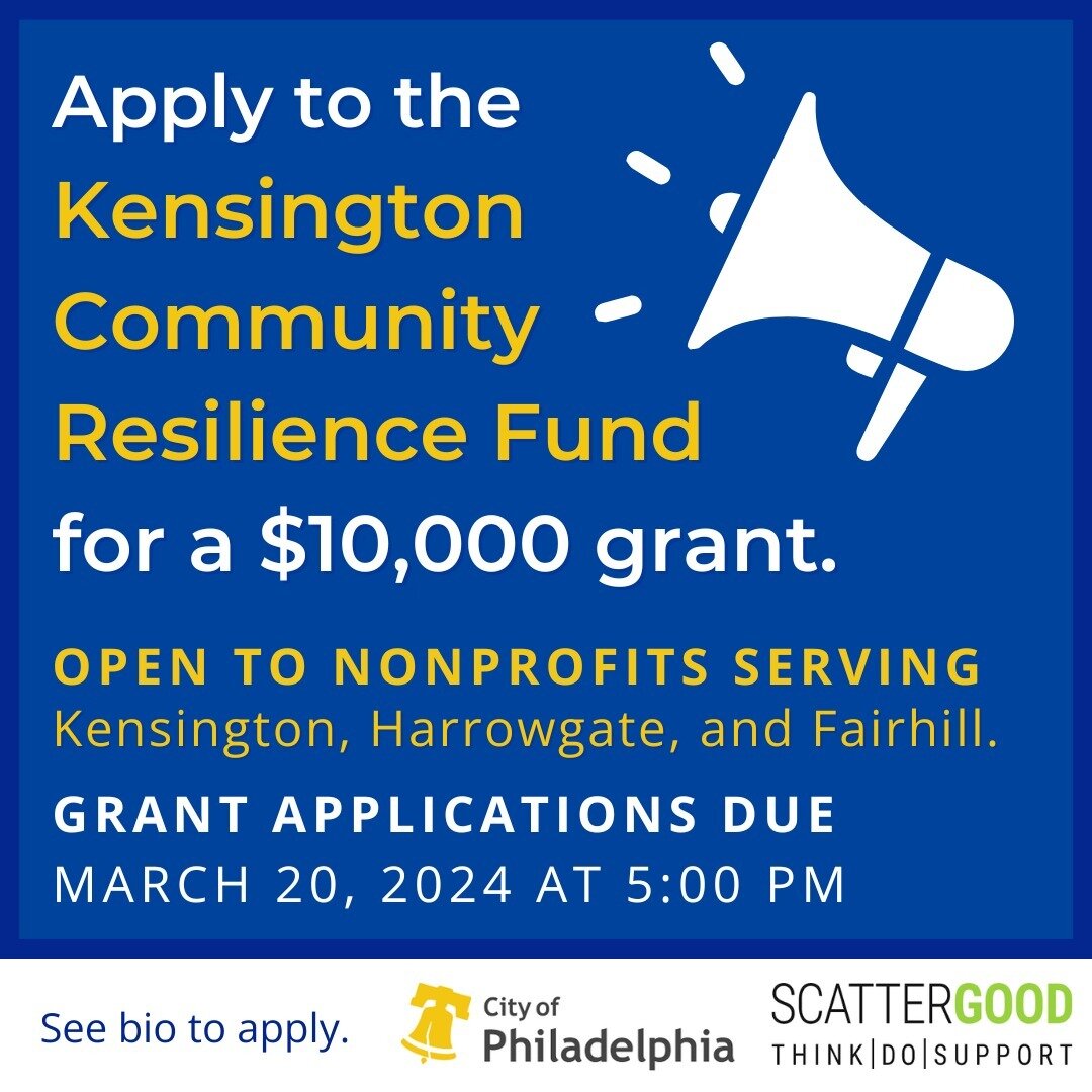 Kensington Community Resilience Fund grant applications close tomorrow at 5pm!

The KCRF is seeking applications from nonprofit organizations serving Kensington, Harrowgate, and Fairhill to receive a $10,000 grant. Grant uses include overhead costs, 