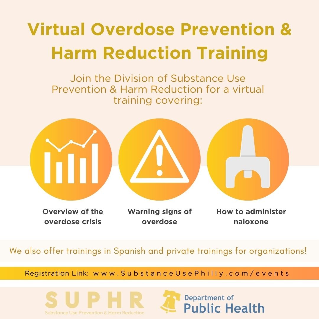 Naloxone (Narcan &reg;) saves lives! Learn how to use it at our next virtual training this Thursday, May 16 at noon. Sign up at www.SubstanceUsePhilly.com/events or through the link in our bio.