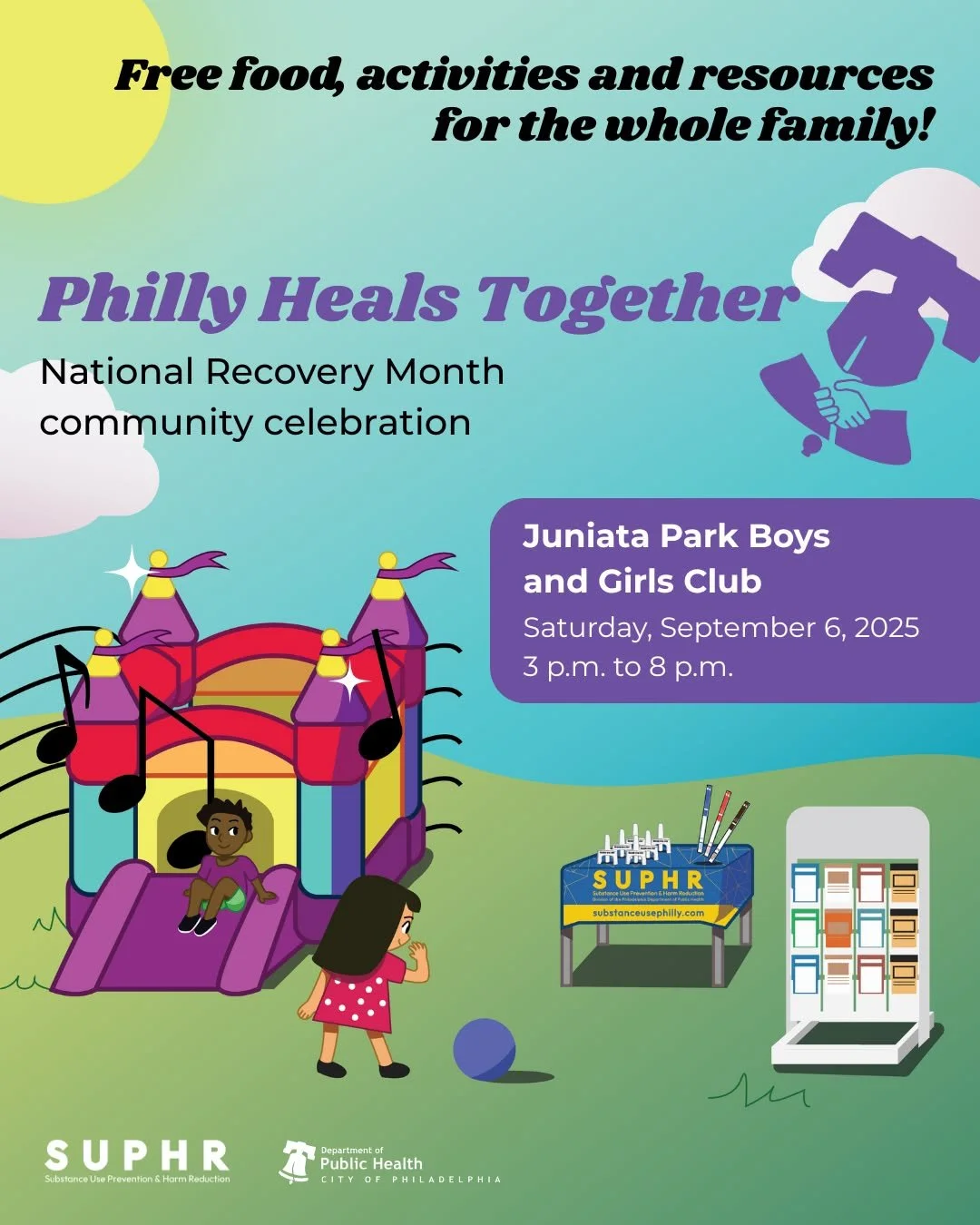 Save the date for SUPHR's annual Recovery Month celebration on Saturday, September 6, from 3 to 8 pm. We will be at the Juniata Park Boys and Girls Club in Northeast Philly with free food, activities, and resources for people of all ages. We look for