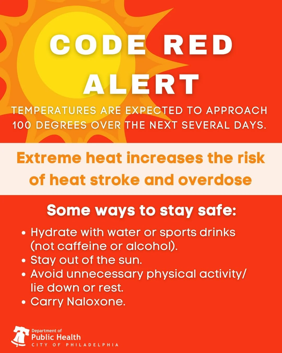 Due to the National Weather Service predicting an extended forecast that includes three consecutive days of a heat index of 95 or above, Philadelphia&rsquo;s Office of Homeless Services is declaring a Code RED now through 8 p.m. Thursday.

During Cod