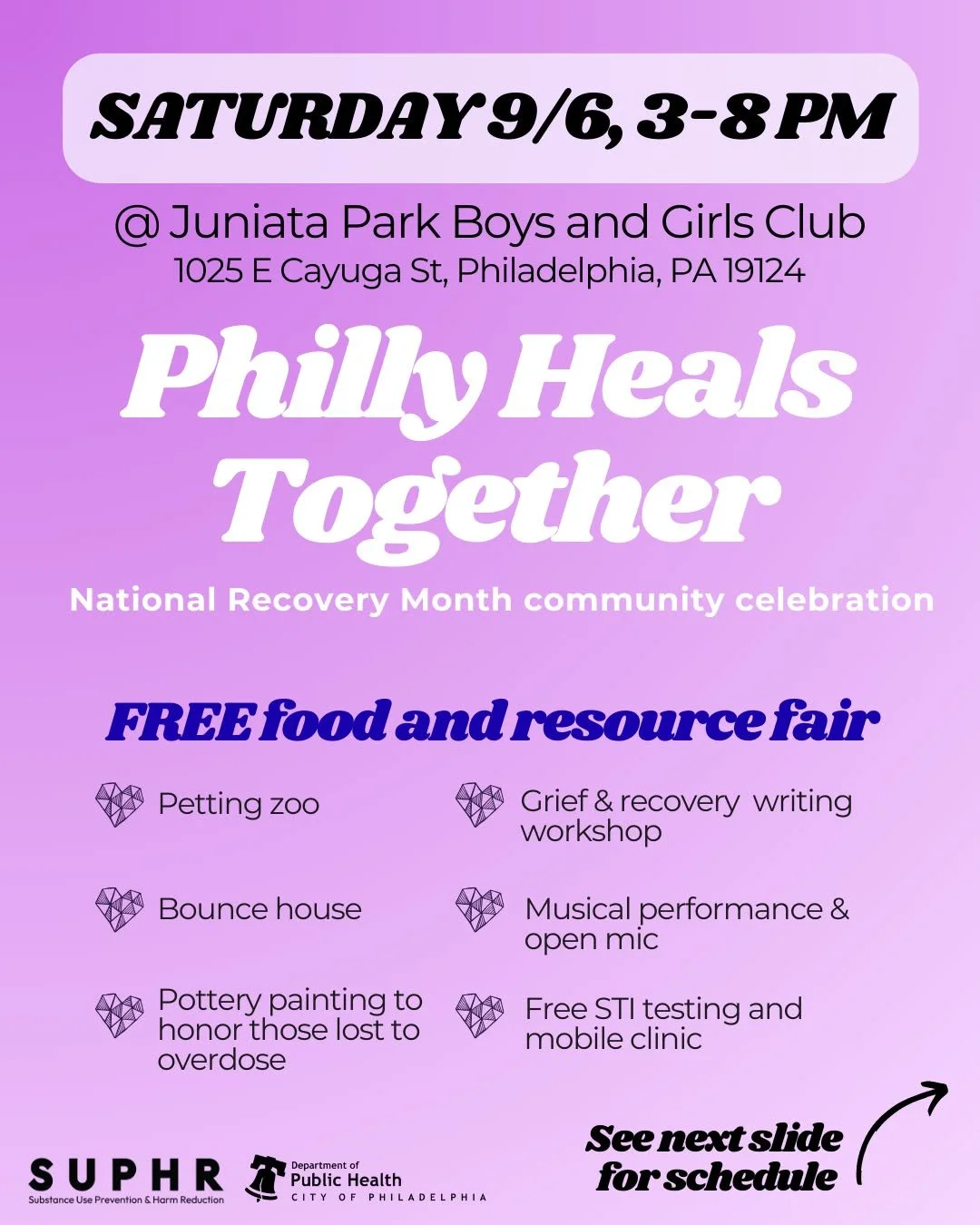 Check out the schedule of events for the 2025 Philly Heals Together event. Throughout the day, we will have a variety of opportunities for creativity, movement, education and connection. This National Recovery Month event will be held Saturday, Septe