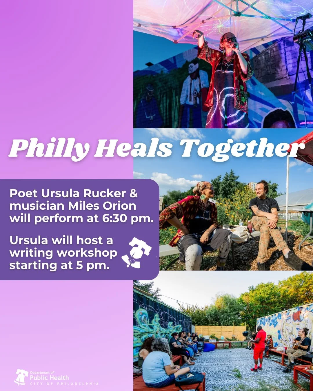 Philadelphia poet Ursula Rucker and musician Miles Orion will be performing at the Philly Heals Together celebration from 6:30 to 8. Ursula will host a workshop from 5 to 6:30 where participants will explore grief and resilience through writing and p