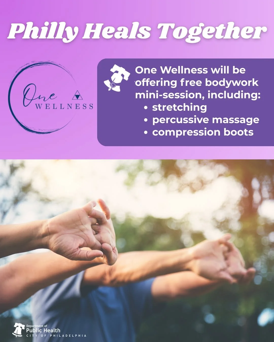 One Wellness will offer free bodywork mini-sessions throughout the Philly Heals Together celebration on Saturday, September 6, from 3 to 8 pm. Join us for this National Recovery Month event at Juniata Park Boys and Girls Club. @onewellnessphilly