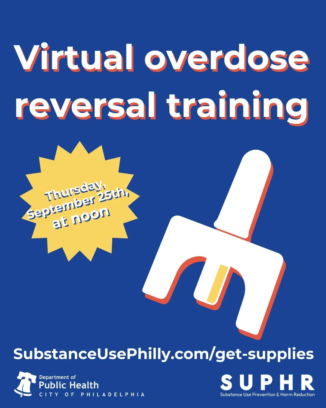 SUPHR's Harm Reduction team is hosting its monthly virtual overdose reversal training tomorrow at noon. The training lasts about 90 minutes and includes an overview of the overdose crisis in the city and instruction on how to identify and reverse an 