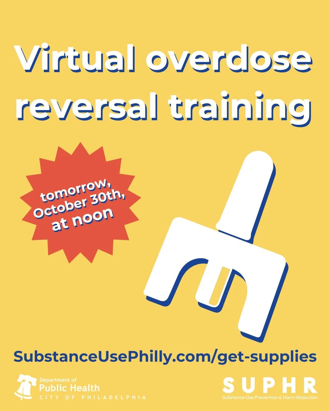SUPHR's Harm Reduction team is hosting its monthly virtual overdose reversal training tomorrow at noon. The training lasts about 90 minutes and includes an overview of the overdose crisis in the city and instruction on how to identify and reverse an 